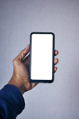 young man hand using smart phone with white scren 