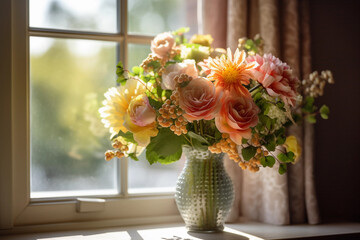 A beautiful bouquet of flowers arranged in an elegant vase, with sunlight streaming through a window in the background, Generative AI