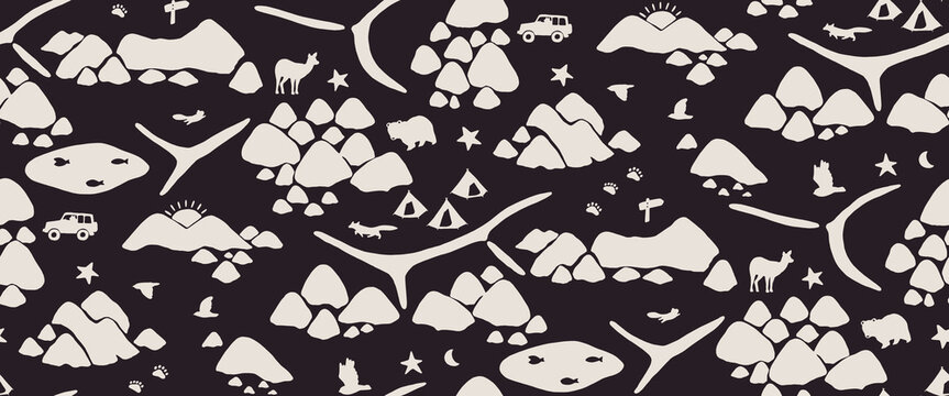 山と森とキャンプをイメージしたシームレスなパターン-2way-手描き