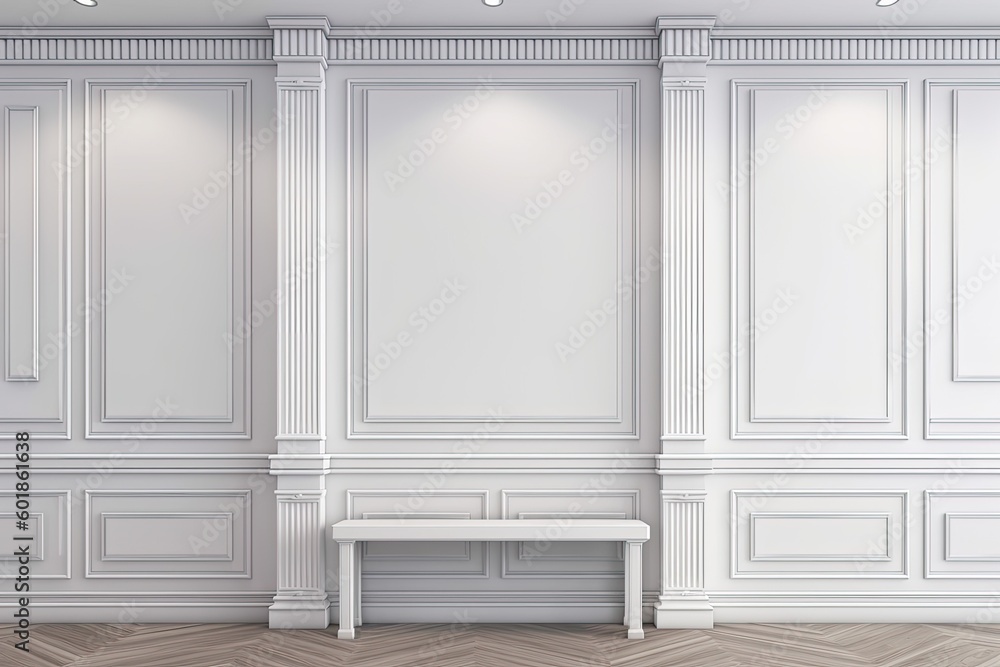 Poster minimalist white room with a central bench generative ai