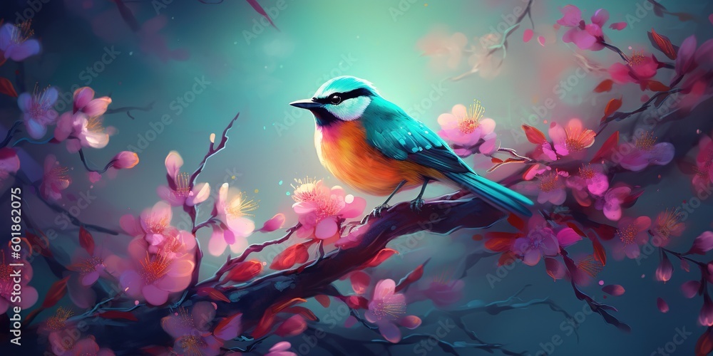 Poster a vibrant bird that is perched on a limb of a tree. generative ai