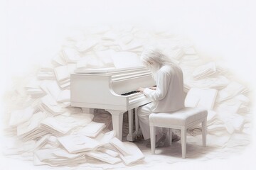 Playing the piano in the white illusory world of associations and feelings. aerial background in white colors. music festival invitation.Generative AI