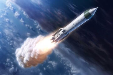 Naklejka na ściany i meble Spaceship flies to the space. The space rocket took off. Spaceship in the space. Generative ai.