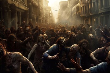 Zombie apocalypse. Zombies on the street, walking dead people. Generative ai.