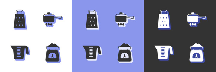 Set Scales, Grater, Measuring cup and Cooking pot on fire icon. Vector