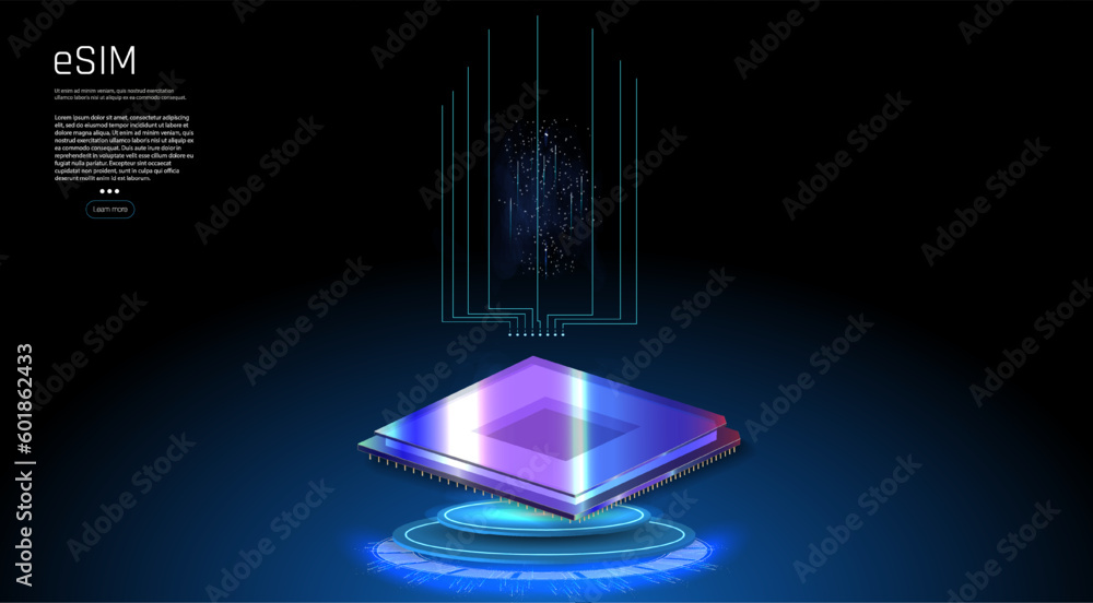 Aufkleber esim card chip sign. embedded sim concept. new mobile communication technology. futuristic projectio