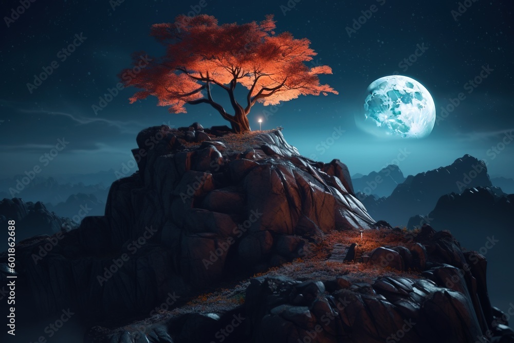 Aufkleber a solitary tree perched on top of a rocky outcrop with the moon in the background generative ai