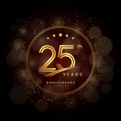 Fototapeta na wymiar 25th anniversary logo with gold double line style decorated with glitter and confetti Vector EPS 10