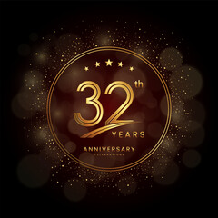 Fototapeta na wymiar 32th anniversary logo with gold double line style decorated with glitter and confetti Vector EPS 10