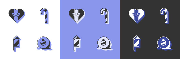 Set Christmas ball, Gift box, Firework rocket and Candy cane with stripes icon. Vector