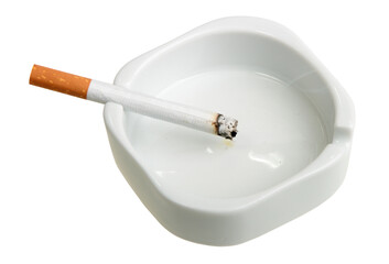 White ashtray with cigarette. Close-up. Isolated on white background.