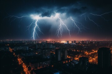 Naklejka na ściany i meble Vibrant lightning storm illuminating the nocturnal heavens. Generative AI