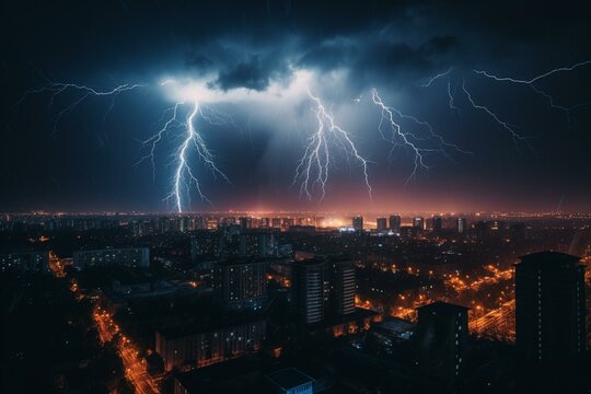 Vibrant lightning storm illuminating the nocturnal heavens. Generative AI