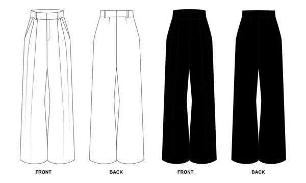 Collection of vector illustrations of wide trousers with tucks and pockets, white and black colors. Technical sketch of high-waisted trousers with waistband, front and back view. 