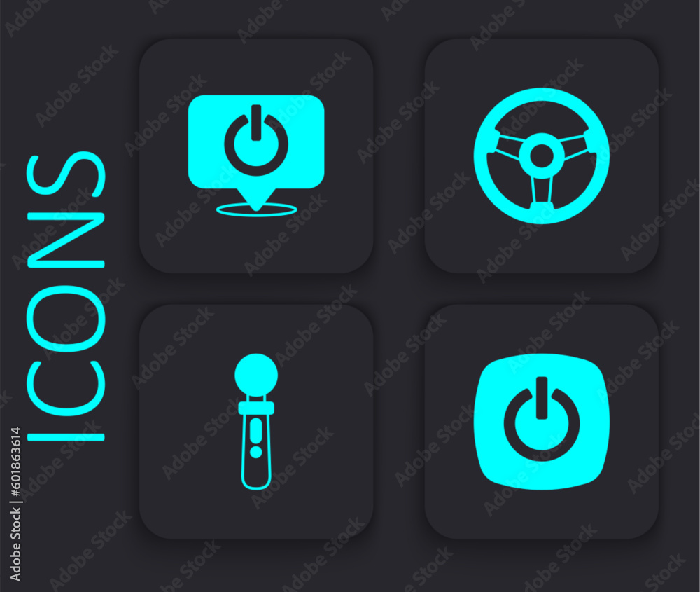 Poster set power button, racing simulator and vr controller game icon. black square button. vector