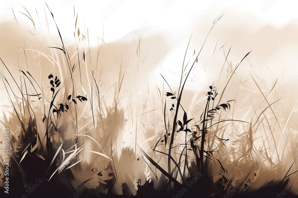 Poster an image depicting a grassy plain with thick vegetation generative ai