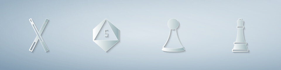 Set Crossed billiard cues, Game dice, Chip for board game and Chess. Paper art style. Vector