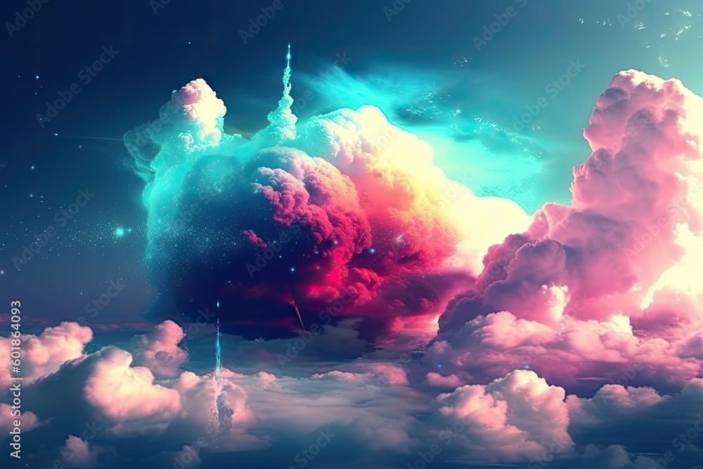 Poster rocket soaring through a colorful sky filled with fluffy clouds generative ai