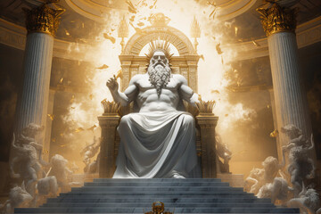 Zeus sits on his throne in a pantheon of the gods, Generative AI