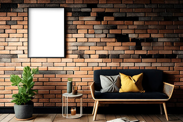 Interior mock up in retro style on brick background. Modern interior design. Generative Ai