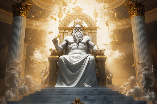 Zeus sits on his throne in a pantheon of the gods, Generative AI