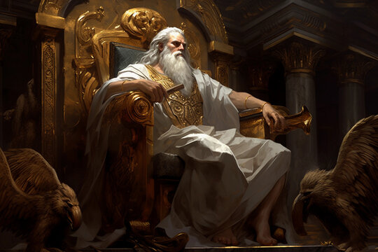 Zeus sits on his throne in a pantheon of the gods, Generative AI