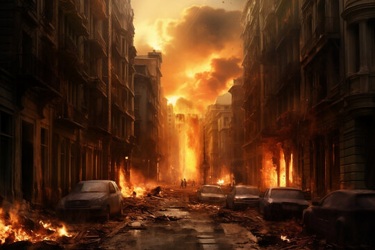 Devastation in a burning city, aftermath of war and destruction, generative Ai