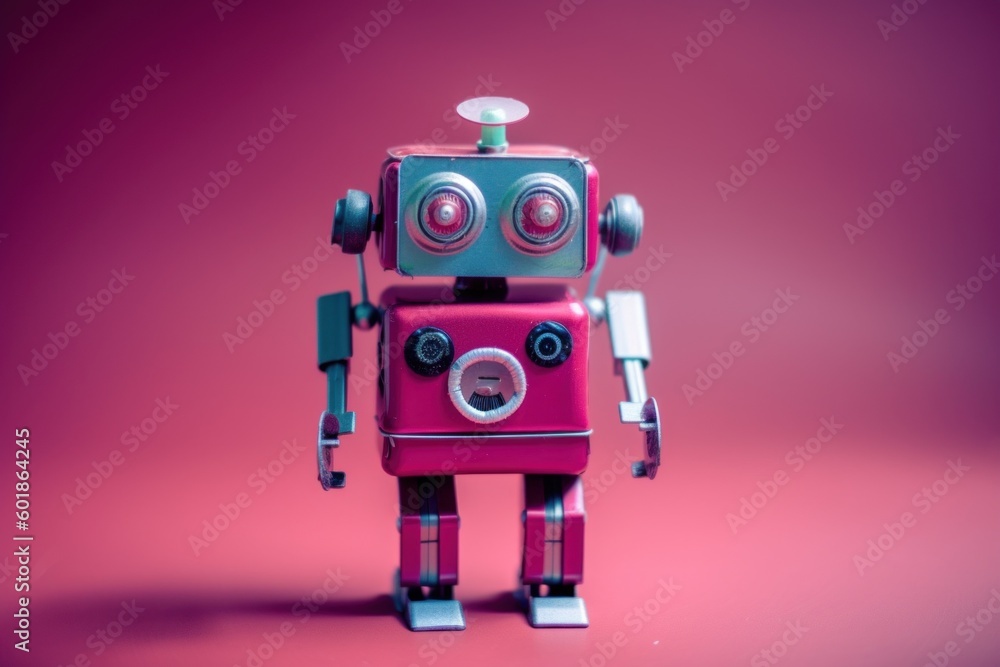 Poster a toy robot is standing on a pink surface. generative ai image.