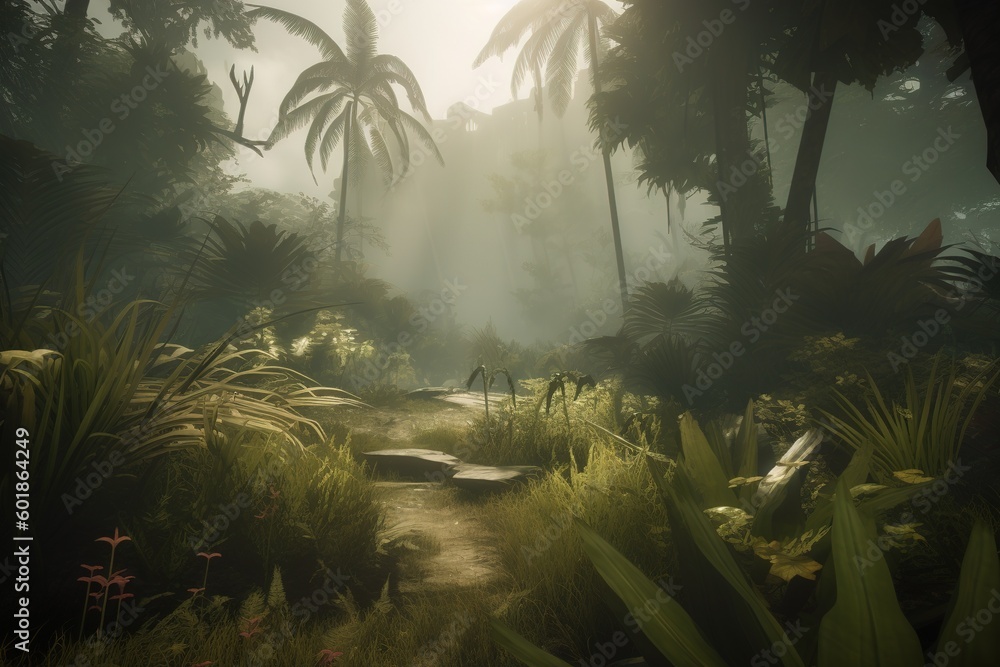 Poster a trail winding through a forest that is filled with palm palms generative ai