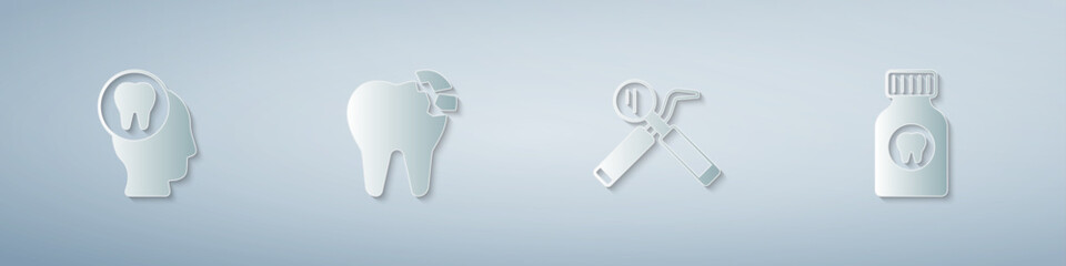 Set Toothache, Broken tooth, Dental mirror and probe and painkiller tablet. Paper art style. Vector