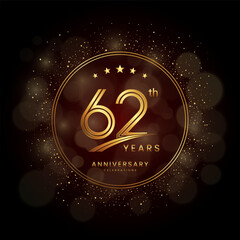 Fototapeta na wymiar 62th anniversary logo with gold double line style decorated with glitter and confetti Vector EPS 10