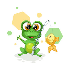 Cheerful cartoon frog with a fishing rod and a goldfish