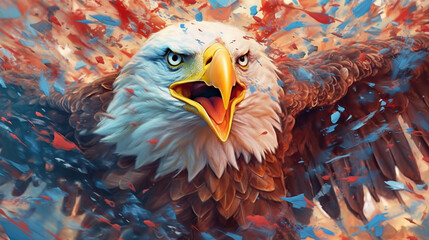Flying American Eagle Hunting with Flag in the Background - Patriotic USA Theme for Memorial Day, Veterans Day, or Fourth of July Holidays - Generative AI