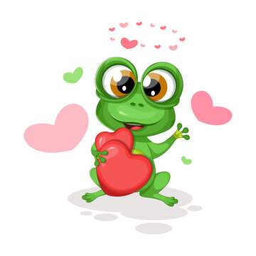 Cute frog in love with red hearts