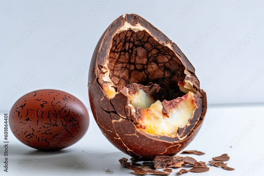 Poster broken eggshell and a broken chocolate egg side by side generative ai