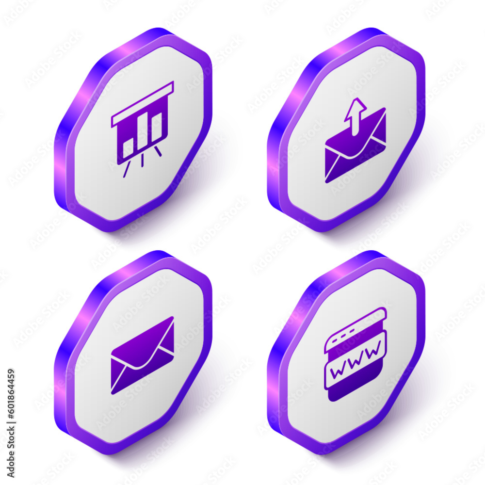 Poster set isometric board with graph chart, mail and e-mail, and browser window icon. purple hexagon butto