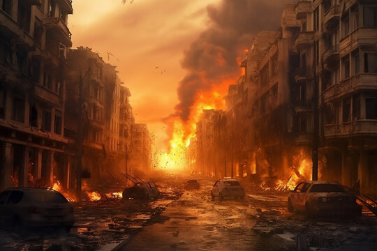 Devastated cityscape after military disaster and explosions, generative Ai