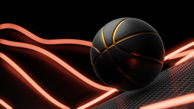Perspectiva dramática de uma bola preta de basqueteball com detalhes em dourado, entre linhas luminosas para layouts ou fundos esportivos