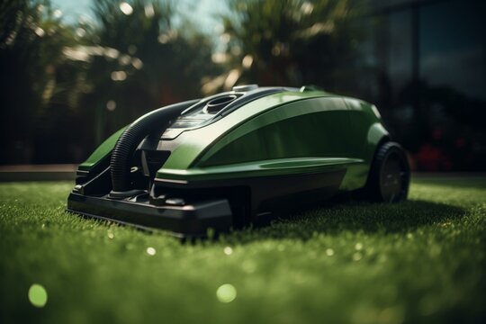 Vacuum cleaner on artificial turf for easy lawn care and maintenance. Generative AI