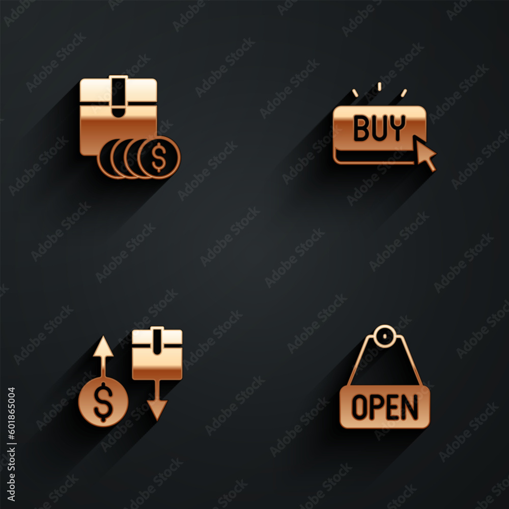 Poster set item price tag with dollar, buy button, tax cardboard box and hanging sign text open icon with l