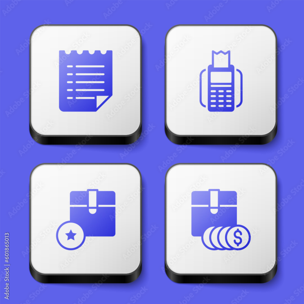 Poster set wish list template, pos terminal, carton cardboard box and item price tag with dollar icon. whit