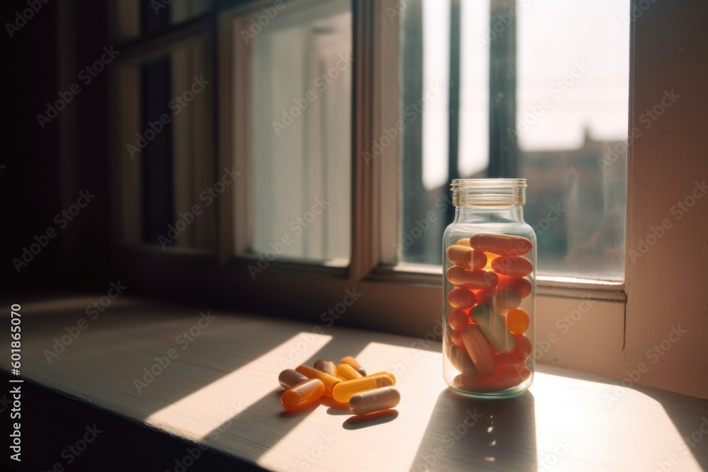 Aufkleber a jar filled with oranges sitting on top of a window sill. generative ai image.