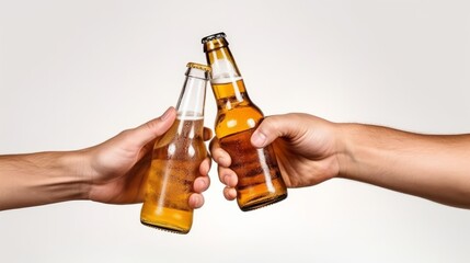 Close up two hands holding bottles of beer. Generative AI - obrazy, fototapety, plakaty