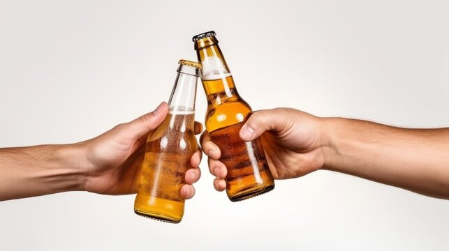 Close up two hands holding bottles of beer. Generative AI