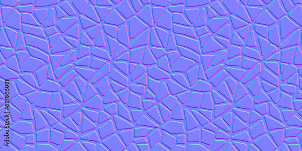 Poster seamless broken mosaic cobblestone wall or road normal map background texture. natural rock, stone p