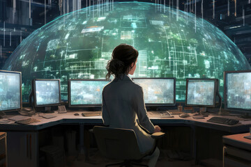 woman sitting at her desk in front of computer screen with futuristic technology concepts