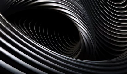 Rolgordijnen Abstract futuristic metal aluminum spiral twisted object on black background, Generatve AI © Michael