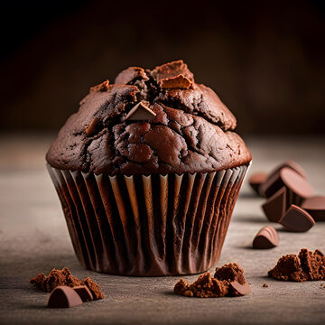 chocolate muffin with chocolate chips on a dark background.