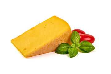 Semi-hard cheese with saffron, close-up, isolated on white background.