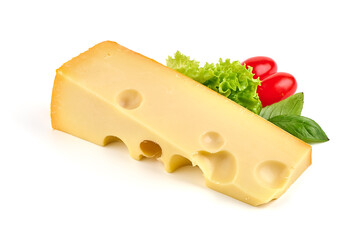 Maasdam cheese block, isolated on white background. High resolution image.